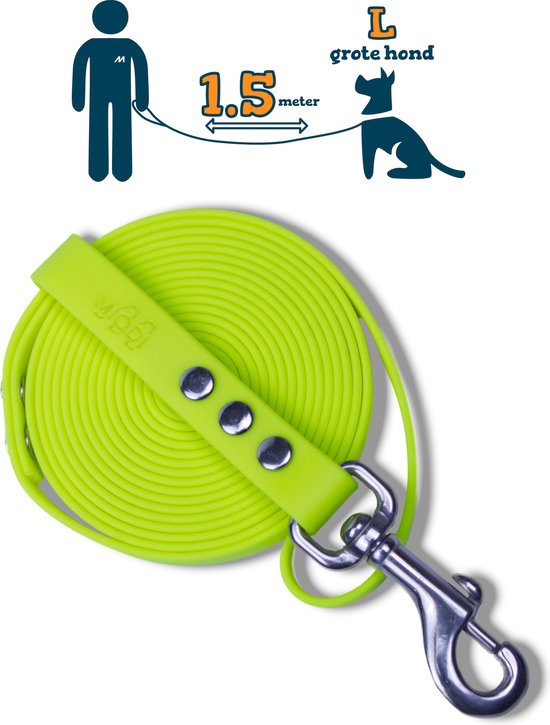 Miqdi BioThane hondenriem – neon geel – 19 mm breed - 1.5 meter lang - met handvat