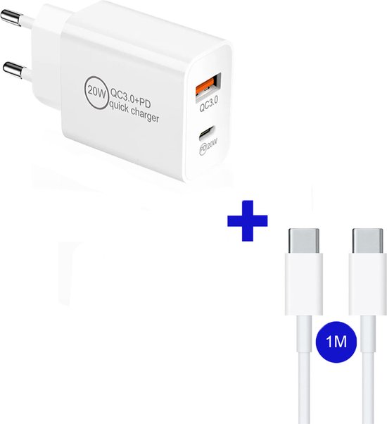 USB C Adapter + Kabel 1M - USB stekker 20W - geschikt voor Apple iPhone 15/14/13/12/11 - geschikt voor Samsung Galaxy S24/S23/S22/S21 - Snellader - Oplader - Universeel - Lader
