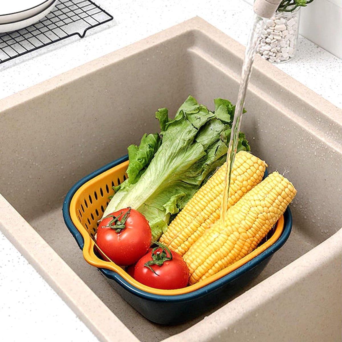 Youka Keukenzeef-afvoermand, 2-in-1 zeefkommenset, PP-kunststof, BPA-vrij, dubbellaags, afneembaar, voor het wassen van groenten en fruit (ectangulair, blauw