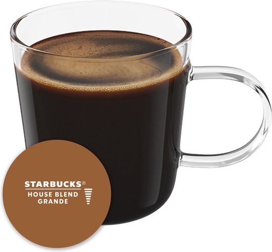 Een glas hete koffie met schuimkraag en een bruine capsule met Starbucks House Blend Grande logo.