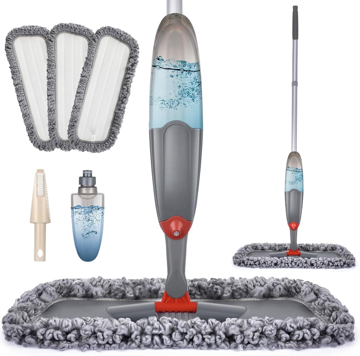Goedkoopste Spray Mop, Vloermop, met 3 Wasbare Microvezeldoeken, Spray Mop voor Snelle Reiniging, met 635 ml Navulbaar Waterreservoir, Grijs
