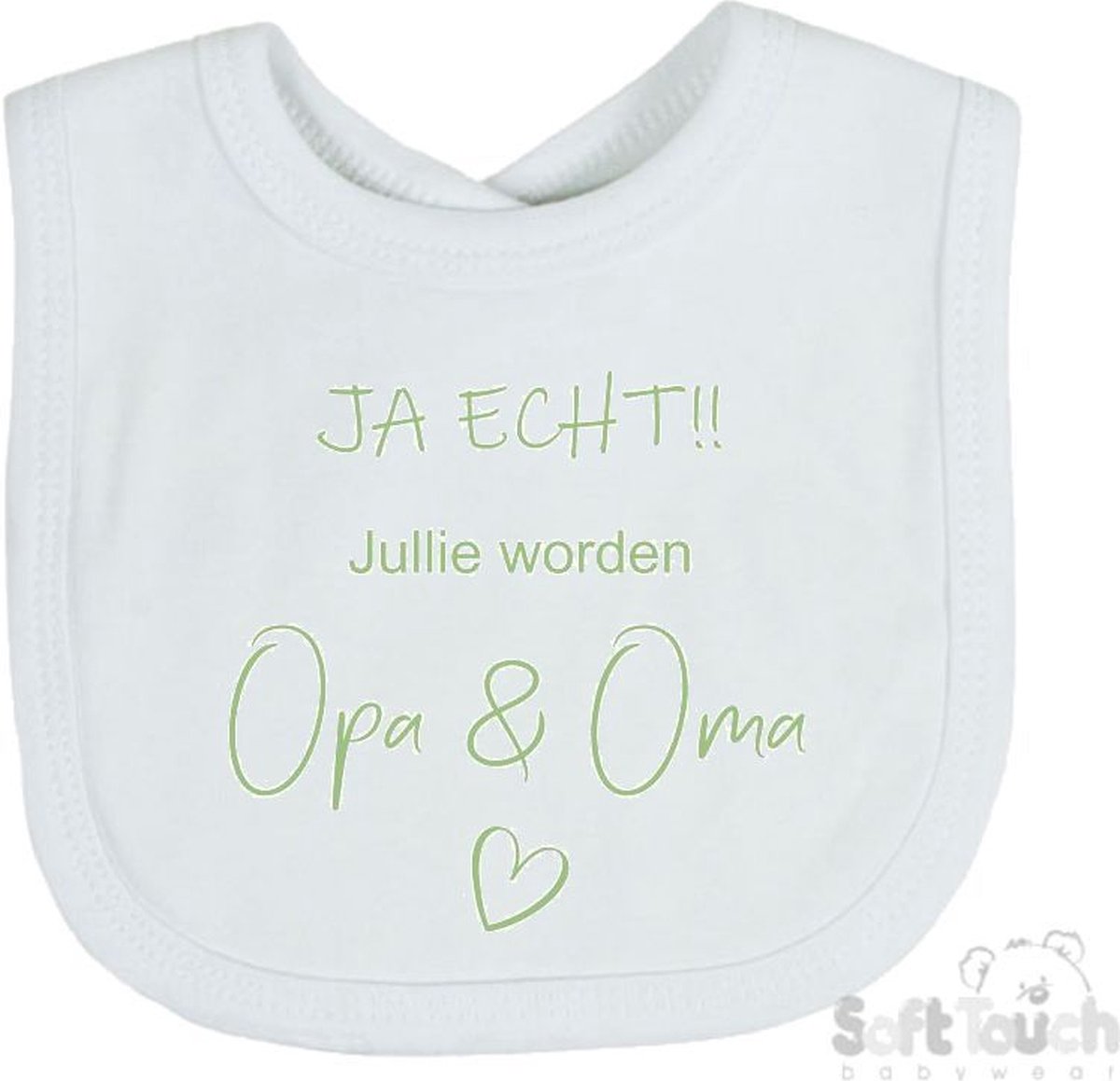Goedkoopste Soft Touch Slabber Slabbetje Slab JA ECHT!! Jullie worden Opa & Oma Unisex Katoen Wit/sage green (saliegroen) Maat 33x22 Cm