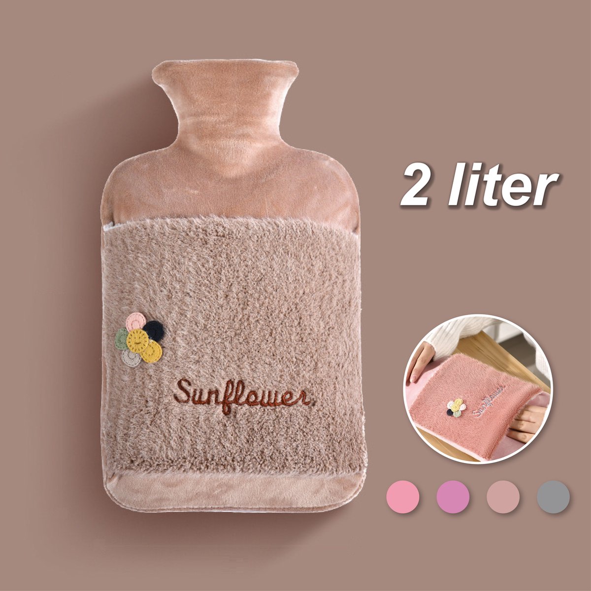 Goedkoopste Colorful Sun® Kruik met Hoes 2L – Warm & Koud Gebruik – Pluche Warmwaterkruik – Nek-, Rug- & Buikverwarmer – Ideaal bij Spierpijn, Buikpijn & Koeling – Voor in Bed & Overdag – Perfect Cadeau – Bruin