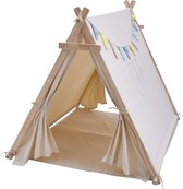 Tente de jeu Sunny Sienna avec drapeaux et tapis de sol Crème - Tente Wigwam Tipi pour enfants avec guirlande et sac de rangement - Bâtons de bois FSC - 120x100x105cm