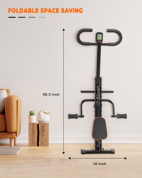 Zwart opklapbaar fitnessapparaat met oranje zitting, hoogte 56.3 inch, breedte 16 inch.