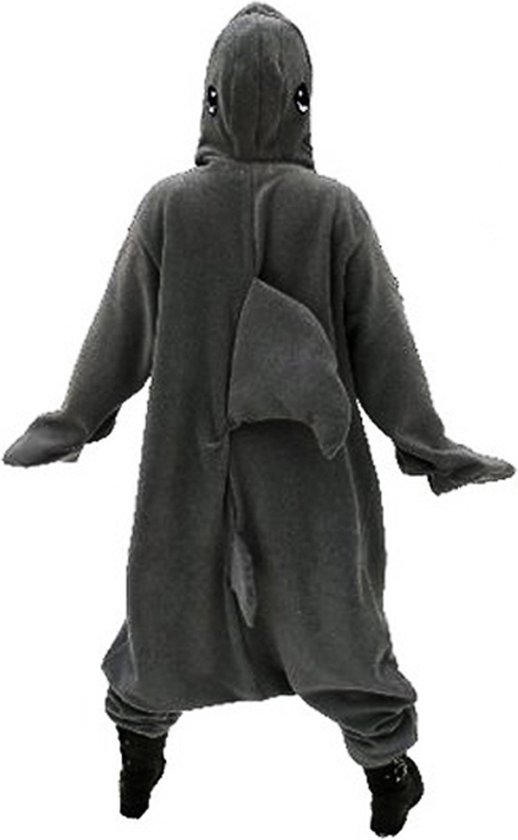 Grijze haaien onesie met capuchon, staartvin en rugvin.