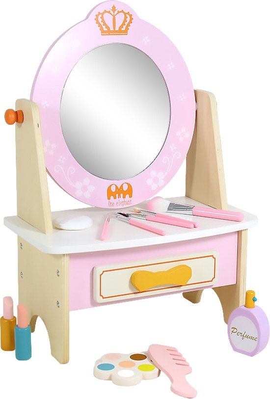 Eco Toys - Houten Kaptafel Inclusief Make-Up Set - Roze/Multicolor - Met Spiegel, Lade & Accessoires - Vanaf 3 Jaar