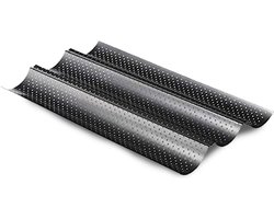 Feelino Bakvormen, Baguette Bakvorm van Carbonstaal, Vaatwasserbestendige 3-vaks Baguette Bakplaat, Baguettebakplaat met 3 Holtes, Geperforeerde Broodjes Bakvorm, Brood Bakken Accessoires, Metalen Antiaanbak Bakvorm