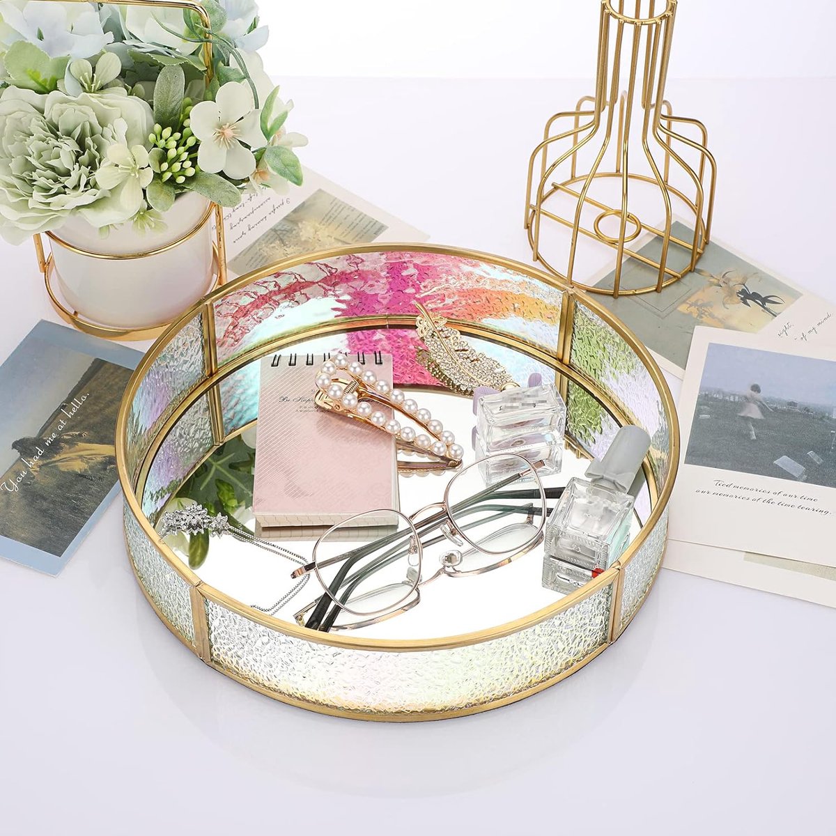 CENPEK Plateau rond doré en acier inoxydable pour bijoux, maquillage, bougie, plateau décoratif - 30 cm