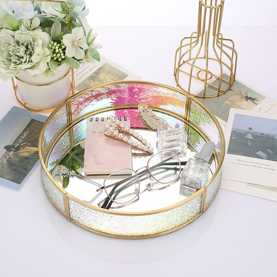 Plateau Miroir Rond Doré - Décoration Coiffeuse, Salle De Bain, étagère - Diamètre 17,5 Cm - Fer Et Verre - Idéal Cadeau