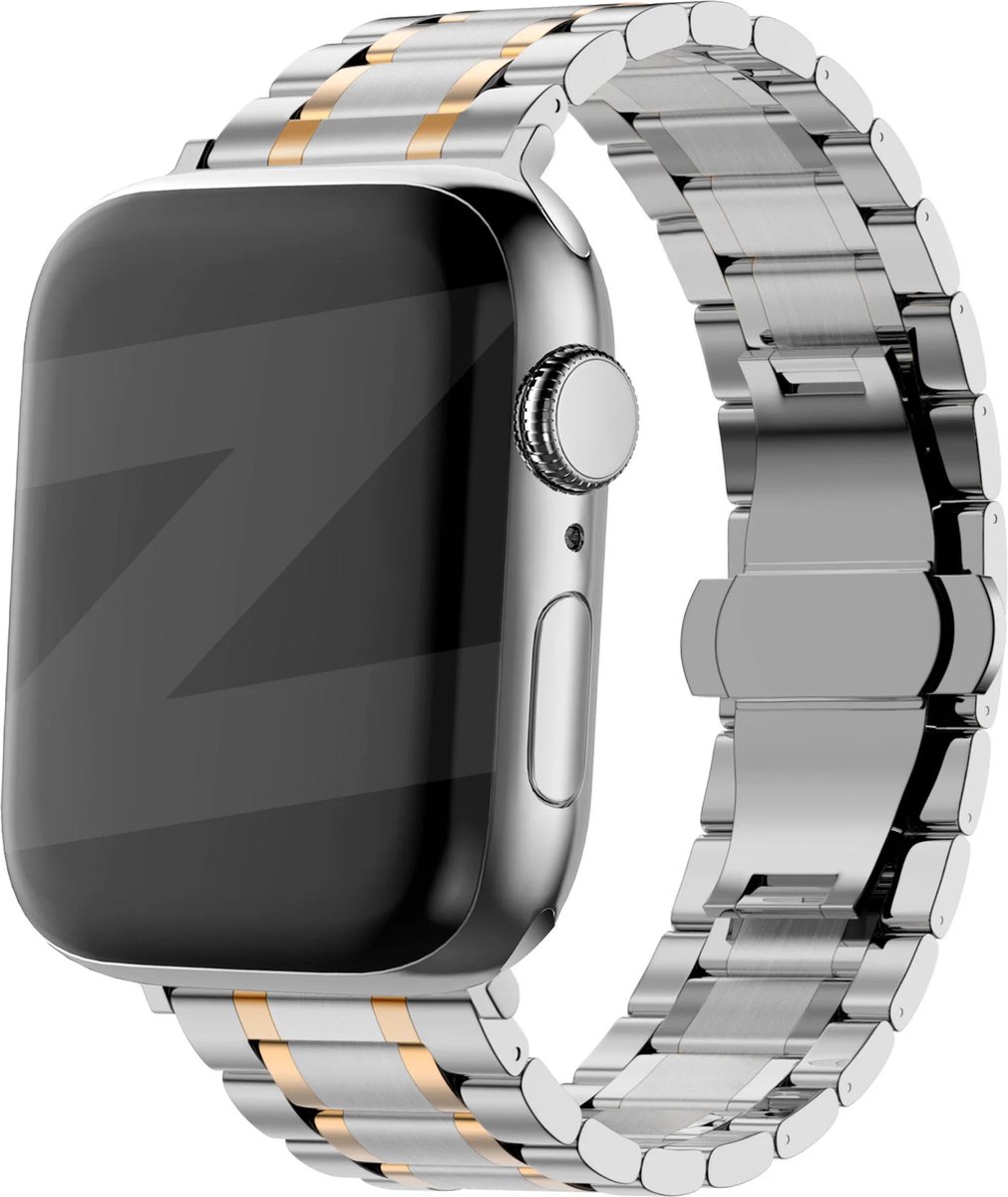 Bandz stalen schakel band Deluxe geschikt voor Apple Watch 1/2/3/4/5/6/8/9/10/11/SE(2-3)/Ultra(2-3) - maat: 44mm / 45mm / 46mm / 49mm - Hoogwaardig stalen materiaal - Inclusief inkortset - zilver & gouden metalen Apple Watch bandje