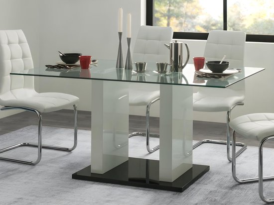 Eettafel SAMIRA - 6 personen - Gehard glas en wit gelakt MDF L 150 cm x H 74 cm x D 90 cm