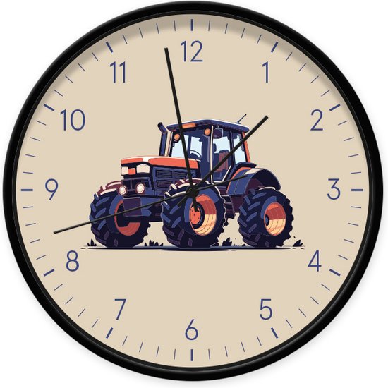 Klok Tractor 30 cm | Dutch Sprinkles - kinderklok met trekker en cijfers - beige donker blauw - zwart frame zwarte wijzers - geluidloze wandklok