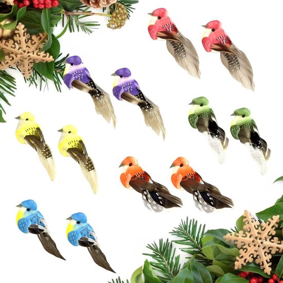 12 stuks kunstvogels met veren en clip, kerstboom, vogels, kerstboom, kleurrijke decoratie, vogels, schuim, vogelfiguur, decoratie, ornamenten voor handwerk, tuin, ornamenten, feestdecoraties
