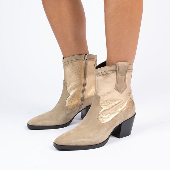 Manfield - Dames - Gouden leren cowboy laarzen met suède details - Maat 39