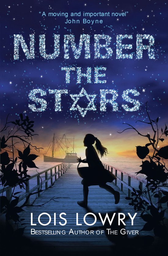 Boekcover van 'Number the Stars' met glinsterende tekst en een meisje dat op een pier rent.