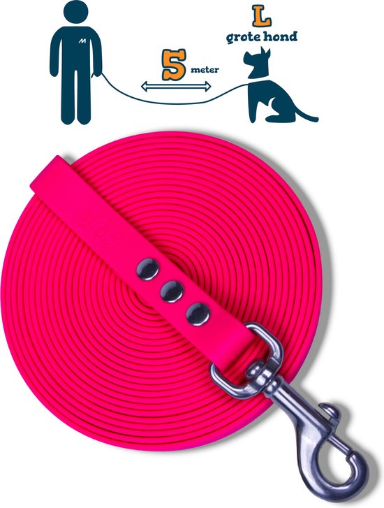 Miqdi lange lijn – BioThane® – neon roze - 5 meter lang – 19mm breed – L/XL – grote hond – sleeplijn - géén handvat
