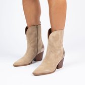 Manfield - Dames - Taupe suède cowboy laarzen met metallic details - Maat 39