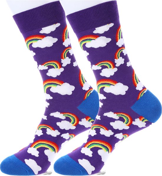 Vrolijke Sokken met Wolken en Regenbogen - Maat 38-43 - Paarse Sokken Dames/Heren