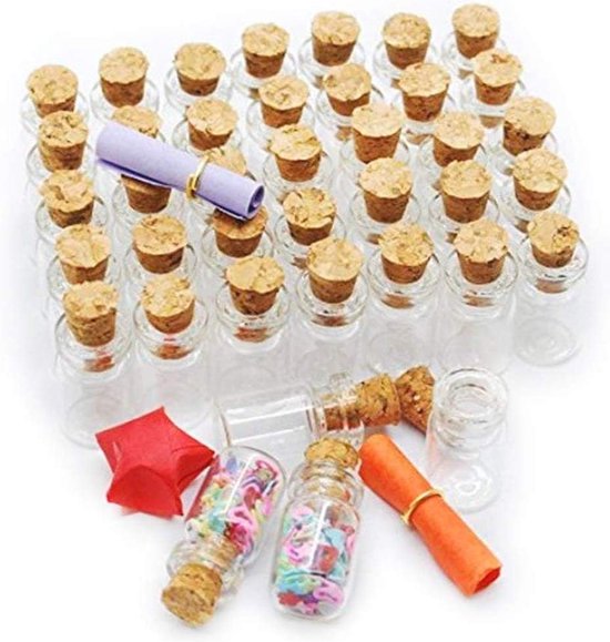 Acetiti 20 stuks 50 ml mini glazen potten met kurkstops, kleine glazen wensflessen lege spreukenpotjes doorzichtige platte bodem reageerbuis voor snoep badzout doe-het-zelf ambachten feestgeschenken