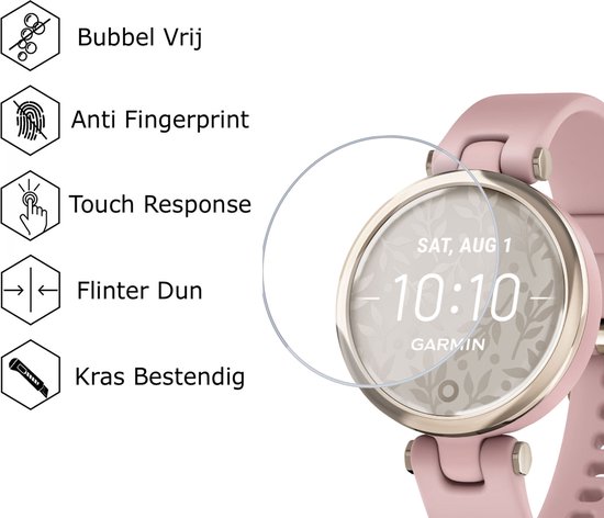 Garmin Lily smartwatch met roze bandje en de tekst 'SAT, AUG 1 10:10' op het scherm. Links iconen voor 'Bubbel Vrij', 'Anti Fingerprint', 'Touch Response', 'Flinter Dun', 'Kras Bestendig'.