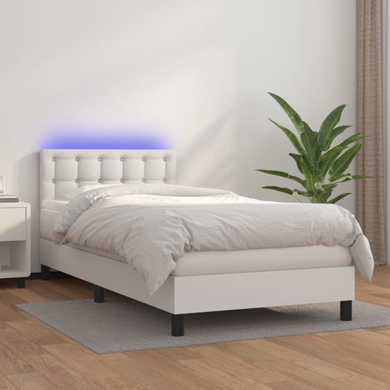 The Living Store Bed - Boxspring - 203 x 100 cm - Duurzaam kunstleer - Verstelbaar hoofdbord - LED-verlichting - Pocketvering matras - Huidvriendelijk topmatras - Wit