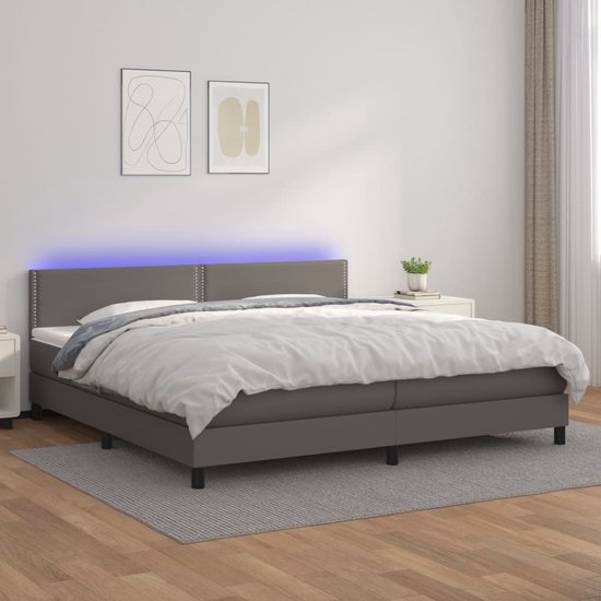 The Living Store Boxspring Bed - 203 x 200 cm - Kunstleer - Verstelbaar hoofdbord - LED-verlichting - Pocketvering matras - Huidvriendelijk topmatras