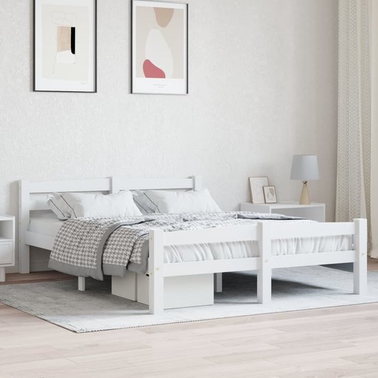 Cadre de lit en bois The Living Store - 206 x 146 x 66 cm (L x l x H) - Couleur - blanc - Matériau - bois de pin massif et contreplaqué - Matelas adapté - 140 x 200 cm - Assemblage requis