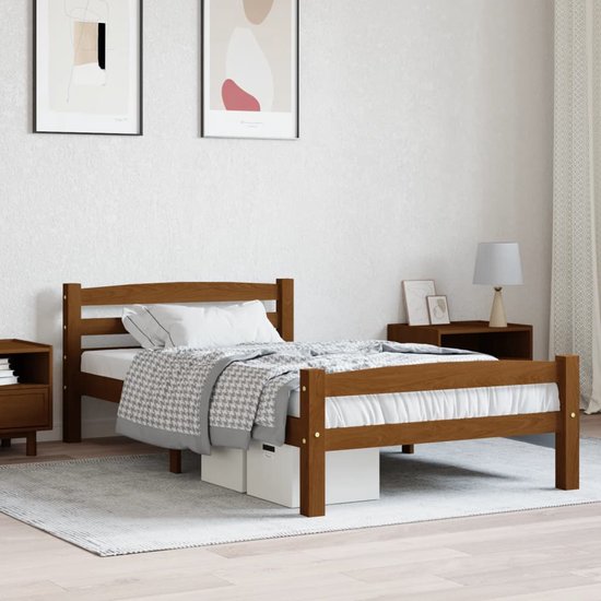 The Living Store Houten Bedframe - Massief Grenenhout - Honingbruin - 206 x 106 x 66 cm - Geschikte matras 100 x 200 cm - Montage vereist