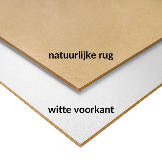 Detail van een witte MDF plaat met een natuurlijke bruine rug en witte voor- of achterkant.