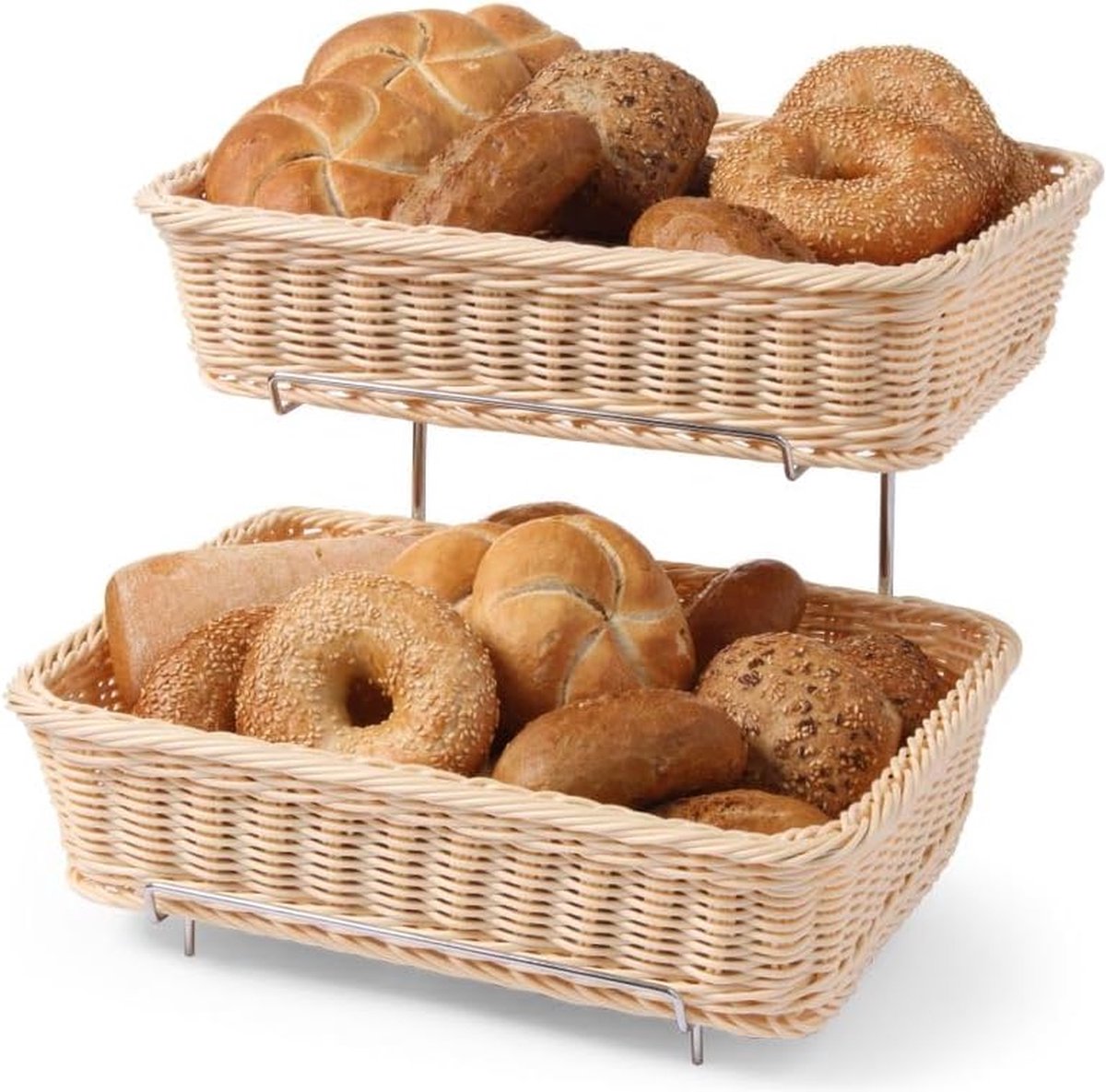 Brotkorb-Display, Set aus 2 Brotkörben mit Chromgestell, Brotmulde, Brotkörbchen, Brötchenkorb, GN 1/2, 360x280x(H)315mm, Polypropylen