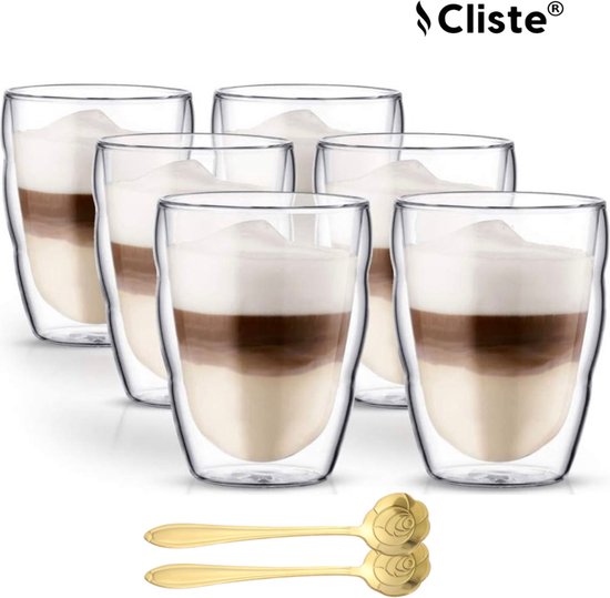 Dubbelwandige Koffieglazen 250ML Set van 6x Met Gratis 6x Lepels - Latte Macchiato Glazen - Set van 6 - Dubbelwandige Cappuccino Glazen - Dubbelwandige Theeglazen - Cappuccino Glazen - Koffieglazen