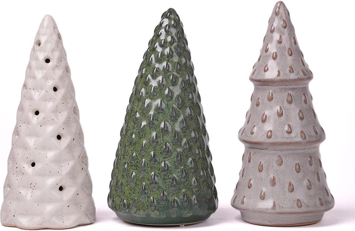 Set van 3 kerstfiguren, decoratie, dennenboom, sculptuur, standbeeld, keramiek, cadeau, huiskunst, 15 cm