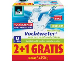 Bison Vochtvreter® magneet 450g 2+1 gratis - Parfumvrije navulling voor Vochtvreter® apparaat, 3x 450 g, bestrijd hoge luchtvochtigheid in woonruimtes, ook geschikt voor caravans en campers