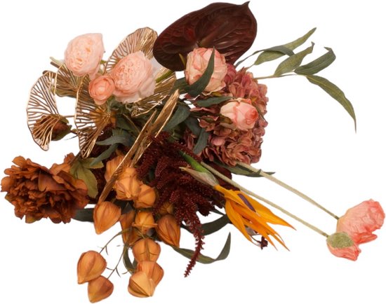 WinQ -Veldboeket zijden bloemen compleet gebonden (zonder Vaas)- kunstbloemen in Terra/Goud/Oranje kleurstyling - Gebonden Veldboeket
