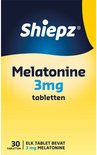 Verpakking met 30 tabletten melatonine 3mg. De doos is wit met een blauwe en gele opdruk.