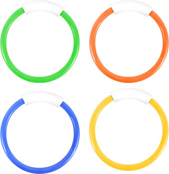 Vier losse duikringen: groen, oranje, blauw en geel, elk met een witte handgreep.