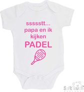 100% katoenen Romper "ssssstt.. Papa en ik kijken Padel" Padellen Meisjes Katoen Wit/roze Maat 56/62