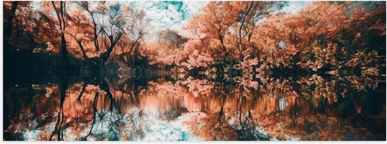 Poster Glanzend – Water - Bomen - Herfst - Bladeren - Wolken - Kleuren - 150x50 cm Foto op Posterpapier met Glanzende Afwerking