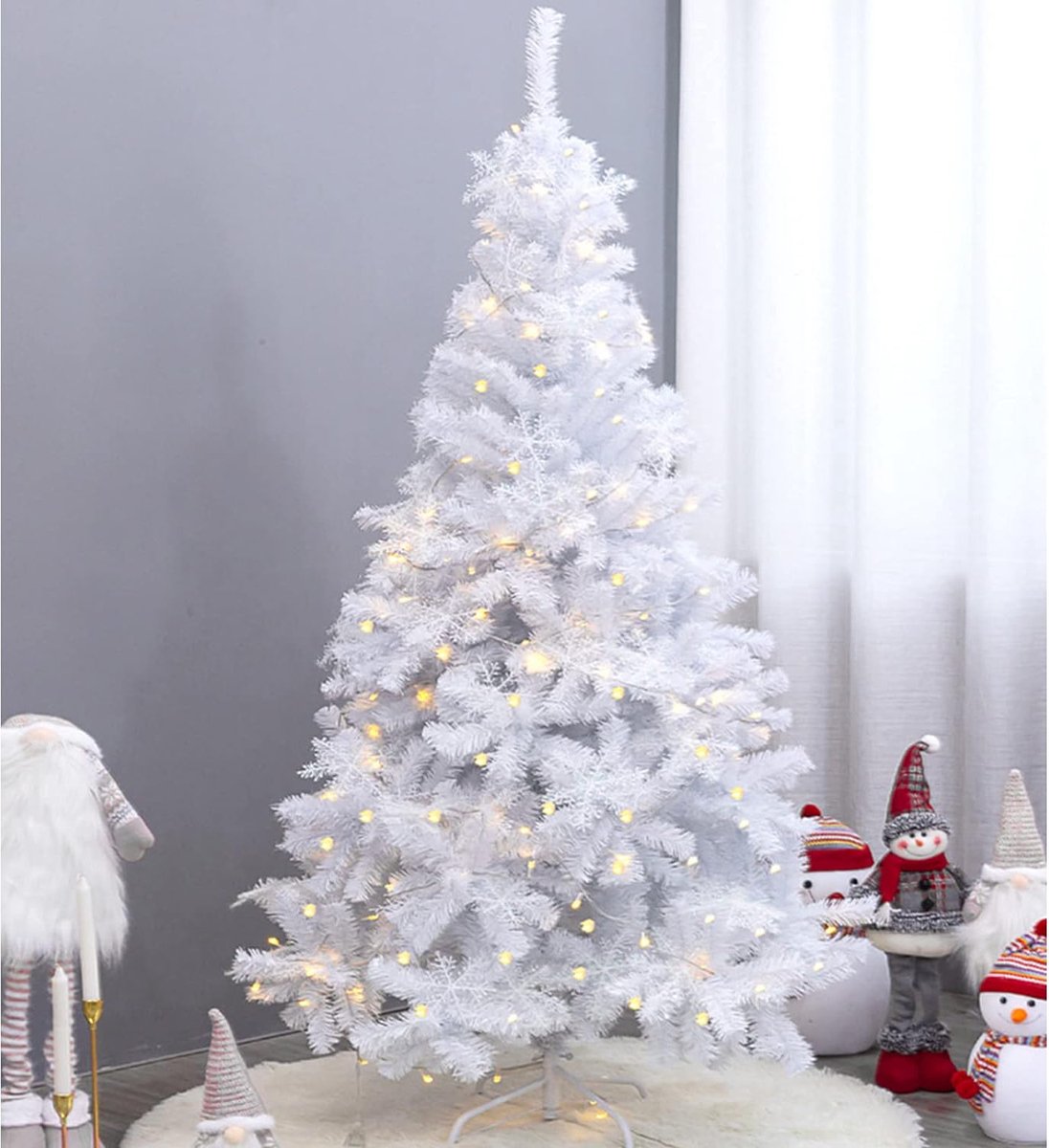 Kerstboom Witte Kunstmatige 5ft 1.5 m, 450 tips Xmas Pine Tree Vakantie Decoratie met Massief Metalen Benen 12m 240 LED verlichting Indoor Outdoor