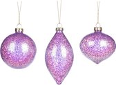 Paarse Glanzende Kerstballen met Glitters - set van 3 verschillend gevormde kerstballen van glas - 8 cm - Goodwill