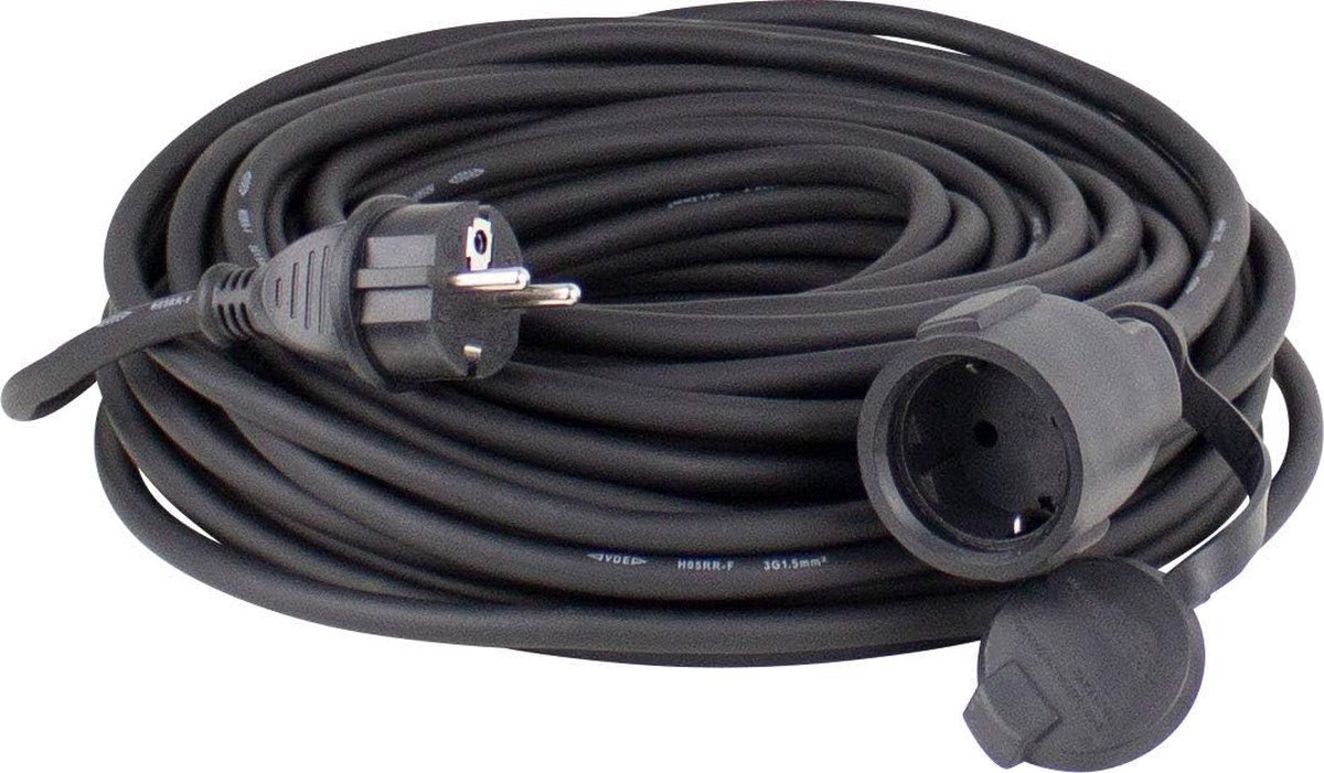 Rallonge Courte 90° 16A/250V IP44 - Câble Caoutchouc Avec Fiche Plate Pour Extérieur Et Intérieur Noir