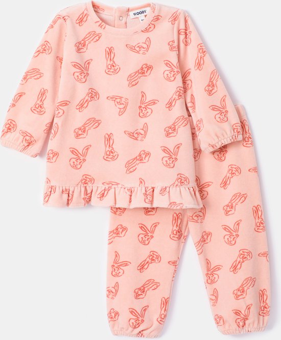 Woody pyjama velours baby meisje - roze - haas - 232-10-PDL-V/928 - maat 56