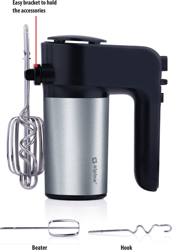 alpina Elektrische Handmixer - 230 V - 6 Snelheidsstanden - Elektrische Mixer - 400 W - 2 Gardes en 2 Deeghaken - met Opbergstandaard - Keukenmixer - ABS/ RVS - Zwart van Alpina — afbeelding 3
