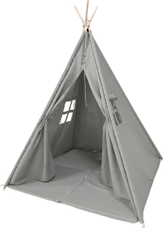 Sunny Alba Tipi Tent Grijs voor kinderen - Wigwam Speeltent met ramen van katoen - Tipi tent kinderen met Kussen kleed - 120x120x160cm - Stokken van FSC hout