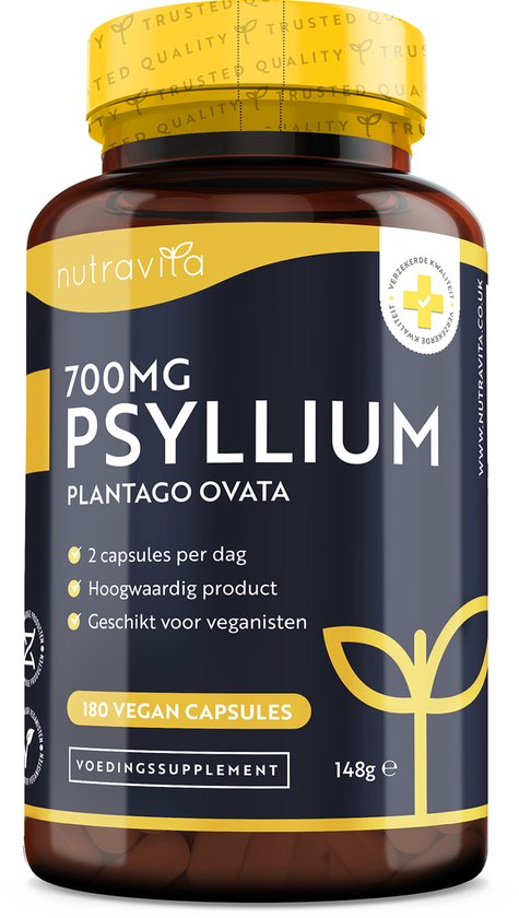 Nutravita Psylliumvezels capsules - Psyllium Husks Vezel Supplement 1400mg, 180 Veganistische Vezel capsules, 100% Pure Plantago Ovata Plantenzaden, goed voor darmspoeling en -reiniging