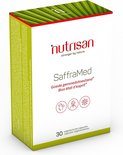 Nutrisan Safframed verpakking met 30 vegetarische capsules. Groen en wit met rode letters.