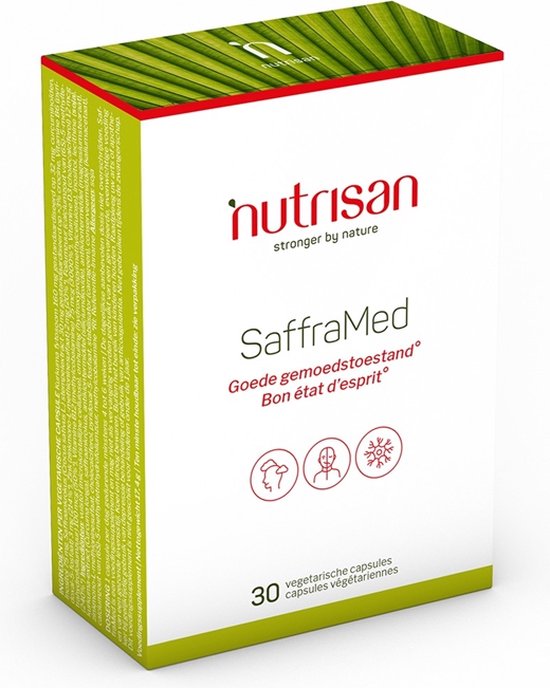 Nutrisan Safframed verpakking met 30 vegetarische capsules. Groen en wit met rode letters.