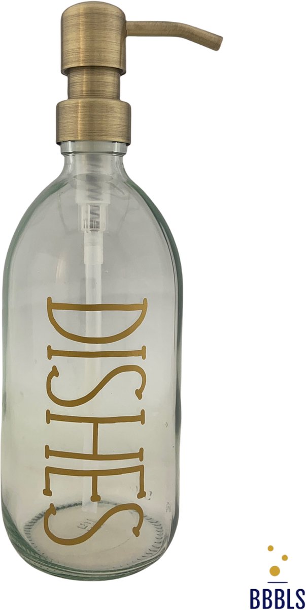 BBBLS Design Dispenser "Dishes" | Transparant Kunststof | 500ml | RVS / Metaal Pomp Goud | Zeeppomp | Zeepdispenser | Zeephouder
