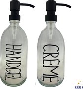 Giftset - 500ml - Plastic flessen met Zwarte Tekst 'Handgel' en 'Creme' en Zwarte RVS Pompjes